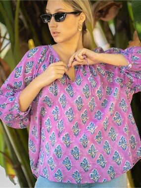 Sohana Purple Cotton Frayed Hem Top Oversized Flowy Floral Size Small